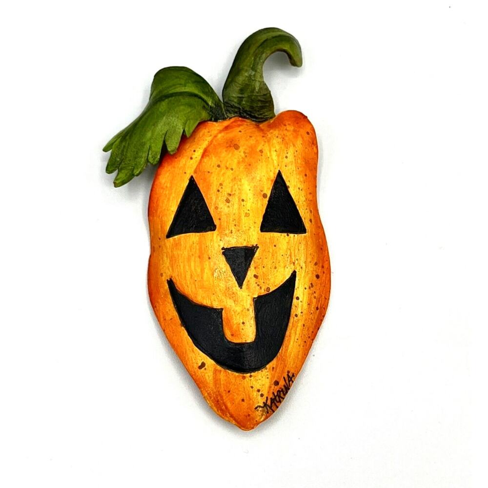 Halloween Jack O Lantern Brooch Pin Pumpkin Hand Painted Leather 3.25"